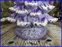 Ceramic Christmas Tree Lighted Nowell 14 Purple Flocked Holly Base