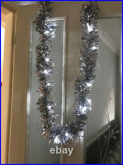 Christmas Silver Tinsel Garland/25 White LED Lights Fireplace/Table Decor/Tree