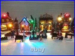 Christmas Village Scene Light Up Shops, Large Set. People, Trees, Walls, Snow