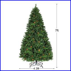 Costway 7Ft Pre-Lit Artificial Christmas Tree Hinged with 460 LED Light Pine Cones