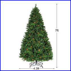 Costway 7Ft Pre-Lit Christmas Tree Hinged 460 LED Lights Pine Cone Decoration K1