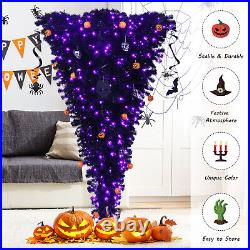 Costway 7ft Upside Down Halloween Christmas Tree Black with400 Purple LED Lights