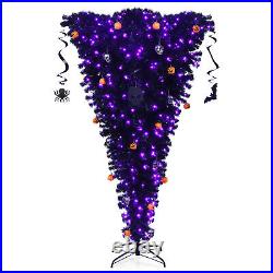 Costway 7ft Upside Down Halloween Christmas Tree Black with400 Purple LED Lights