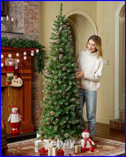 Flocked Pencil Artificial Christmas Tree 6ft 7ft Pre-lit with Pre-Strung Lights