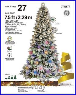 GE 7.5ft Prelit PreLit LED Flocked Candlewood Pine Artificial Christmas Tree