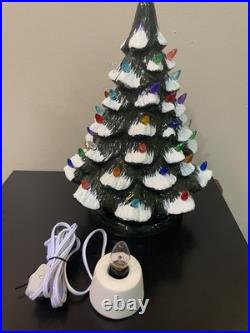 Green Glazed Ceramic Lighted Tabletop Christmas Tree 13 Inches Tall / New Year