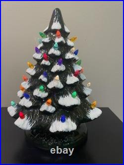 Green Glazed Ceramic Lighted Tabletop Christmas Tree 13 Inches Tall / New Year