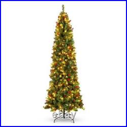 Green Pencil Thin Pre-Lit Christmas Tree Clear Lights Berries Pine Cones Holiday