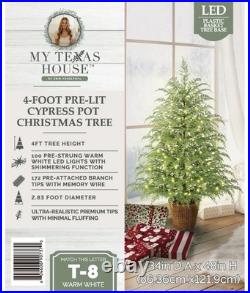 My Texas House 4FT Pre-Lit Cypress Pot Artificial Christmas Tree 4 Foot NEW