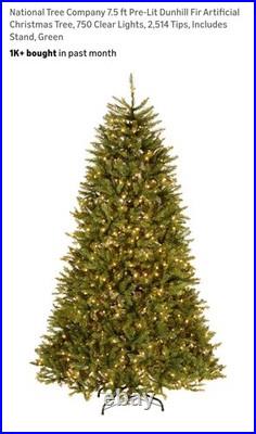 National Tree Company 7.5 ft Pre-Lit Dunhill Fir Artificial Christmas Tree, New