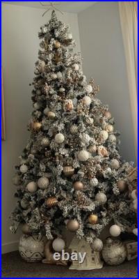 Pre-Lighted Flocked Artificial Christmas Tree with White Gold Ornaments