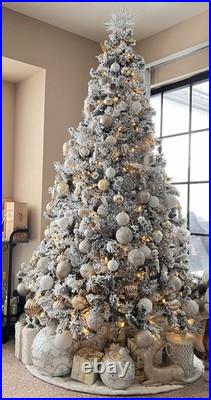 Pre-Lighted Flocked Artificial Christmas Tree with White Gold Ornaments