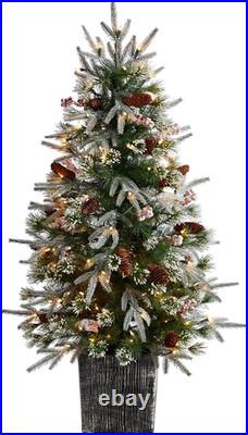 Pre-Lit 4Ft Frosted Artificial Christmas Tree with 105 LED Lights & Berries