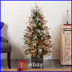Pre-Lit 4Ft Frosted Artificial Christmas Tree with 105 LED Lights & Berries