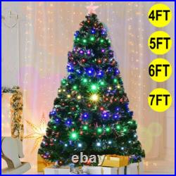 Pre Lit Christmas Tree 4/5/6/7ft Hinged Pine with Lights/Fibre Optic/Snow Decor