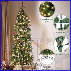 Pre-lit 7.5ft Pencil Christmas Tree With 350 Warm White Lights Slim Design New