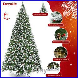 Pre-lit Snow Flocked Christmas Tree with Red Berries and LED Lights