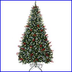 Pre-lit Snowy Christmas Tree Hinged Xmas Tree with LED Lights Berries & Pinecones