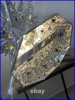 Punched TIN CHRISTMAS TREE, glass star. Hand made Table Top Lighted Tree 26 in H