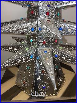 Punched TIN CHRISTMAS TREE, glass star. Hand made Table Top Lighted Tree 36 Inch