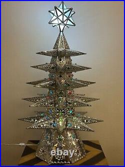 Punched TIN CHRISTMAS TREE, glass star. Hand made Table Top Lighted Tree 36 Inch