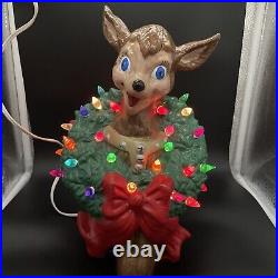 Rare Vintage Ceramic Light Up Reindeer Deer Wreath Christmas Tree Lamp Figurine