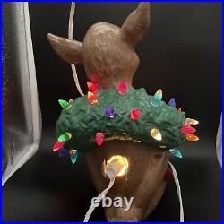 Rare Vintage Ceramic Light Up Reindeer Deer Wreath Christmas Tree Lamp Figurine