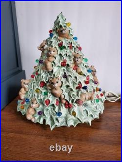 Rare Vintage Ceramic Lighted Christmas Tree With Teddy Bears & Multi Color Bulbs