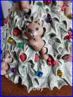Rare Vintage Ceramic Lighted Christmas Tree With Teddy Bears & Multi Color Bulbs