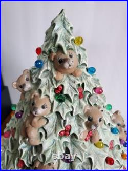 Rare Vintage Ceramic Lighted Christmas Tree With Teddy Bears & Multi Color Bulbs