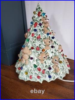 Rare Vintage Ceramic Lighted Christmas Tree With Teddy Bears & Multi Color Bulbs