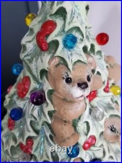 Rare Vintage Ceramic Lighted Christmas Tree With Teddy Bears & Multi Color Bulbs