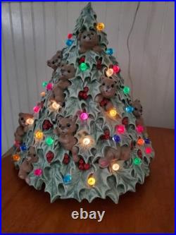 Rare Vintage Ceramic Lighted Christmas Tree With Teddy Bears & Multi Color Bulbs