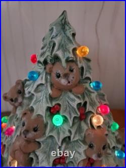 Rare Vintage Ceramic Lighted Christmas Tree With Teddy Bears & Multi Color Bulbs