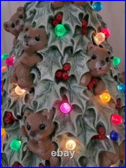 Rare Vintage Ceramic Lighted Christmas Tree With Teddy Bears & Multi Color Bulbs