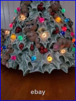 Rare Vintage Ceramic Lighted Christmas Tree With Teddy Bears & Multi Color Bulbs