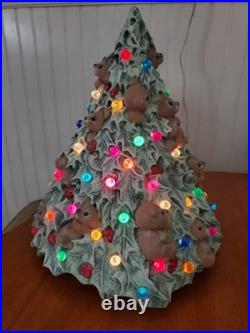Rare Vintage Ceramic Lighted Christmas Tree With Teddy Bears & Multi Color Bulbs