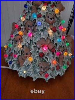 Rare Vintage Ceramic Lighted Christmas Tree With Teddy Bears & Multi Color Bulbs