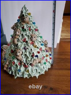 Rare Vintage Ceramic Lighted Christmas Tree With Teddy Bears & Multi Color Bulbs
