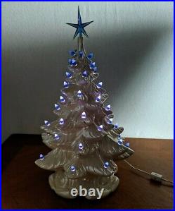 Retro Atlantic Mold White Lighted Ceramic Christmas Tree & Base Works 18.5 Blue