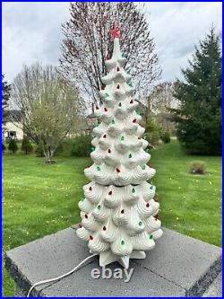 VTG Atlantic Mold Ceramic Christmas Tree White Iridescent Lighted 33 Tall3 Pc