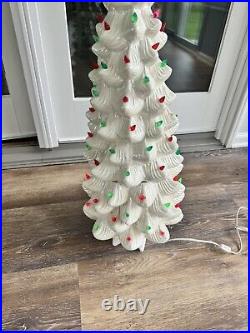 VTG Atlantic Mold Ceramic Christmas Tree White Iridescent Lighted 33 Tall3 Pc