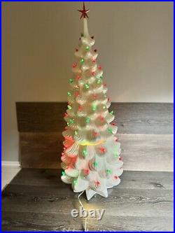 VTG Atlantic Mold Ceramic Christmas Tree White Iridescent Lighted 33 Tall3 Pc