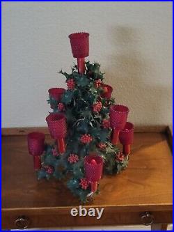 VTG Kitschy Christmas Plastic Greenery Lighted Tabletop Tree Centerpiece Candle