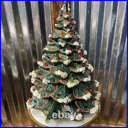 Vintage 70's Snow Flocked CERAMIC CHRISTMAS TREE With Birds Lighted Base 23 MCM