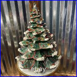 Vintage 70's Snow Flocked CERAMIC CHRISTMAS TREE With Birds Lighted Base 23 MCM