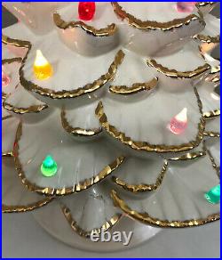Vintage Ceramic Christmas Tree White Gold Flock, Original Lighted Base 19 x 12