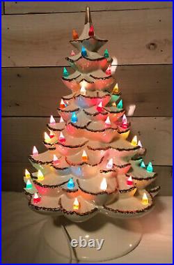 Vintage Ceramic Christmas Tree White Gold Flock, Original Lighted Base 19 x 12