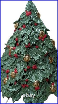 Vintage Ceramic Lighted Christmas Tree Holly Berries Gold Ornaments 19