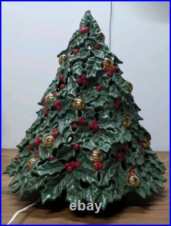 Vintage Ceramic Lighted Christmas Tree Holly Berries Gold Ornaments 19